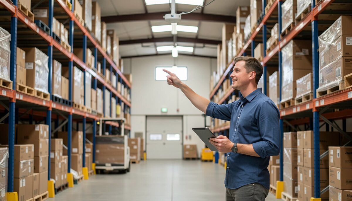 Engineer aiming a tablet at a ceiling access point in a warehouse. Illustrative image, generated with AI.