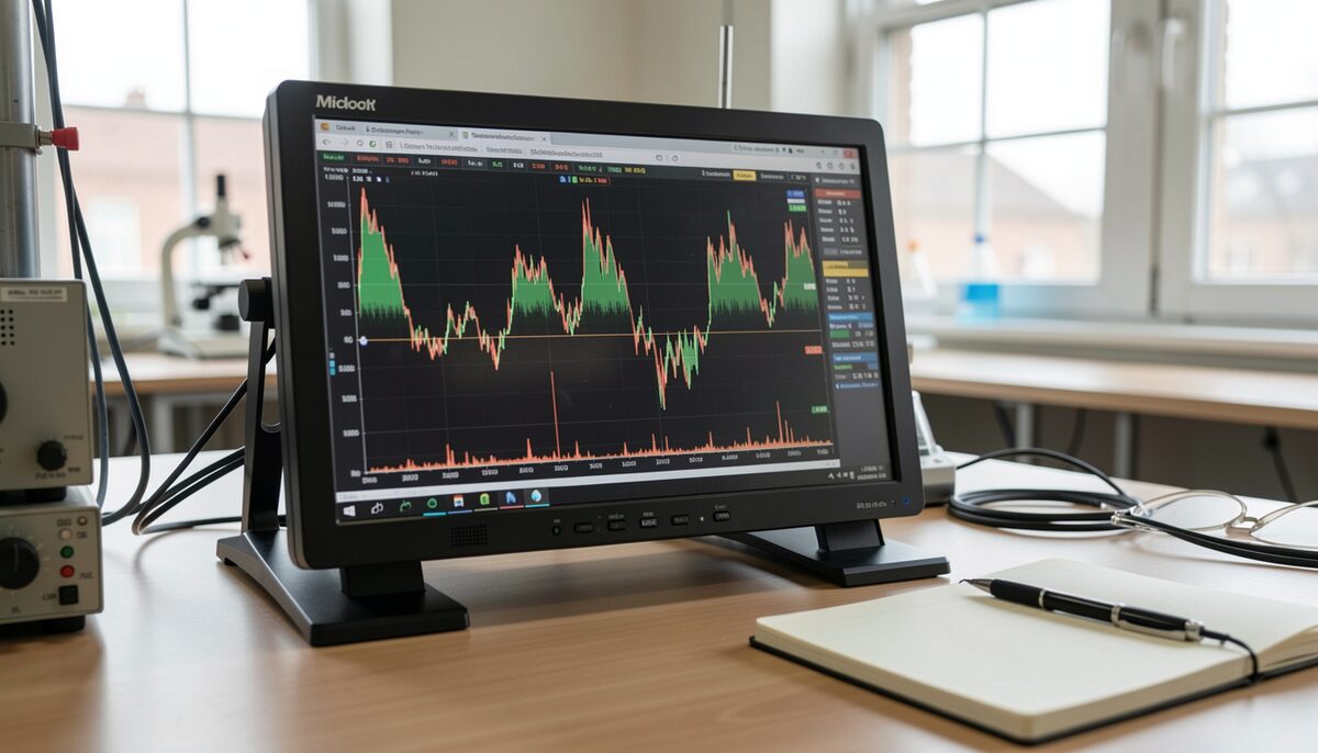 A spectrum analyzer screen on a workbench showing overlapping signal peaks, with a notepad and pen beside it in a lab setting. Illustrative image, generated with AI.