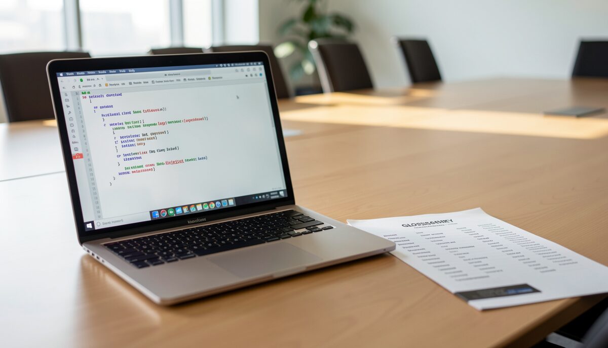 An open laptop on a conference table displaying a plain text editor with bullet points, next to a printed glossary of networking acronyms. Illustrative image, generated with AI.
