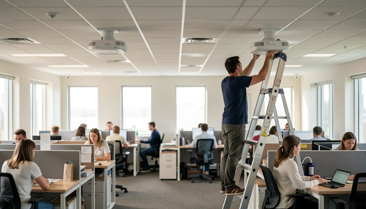 Two wireless access points mounted on a ceiling in an open office, with employees working at desks below and a technician on a ladder adjusting one unit. Illustrative image, generated with AI.