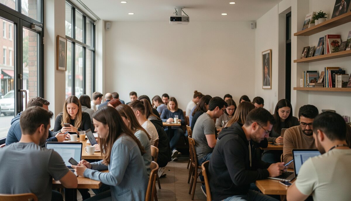 A crowded coffee shop interior with customers on laptops and phones, and a ceiling-mounted access point visible in the upper corner. Illustrative image, generated with AI.