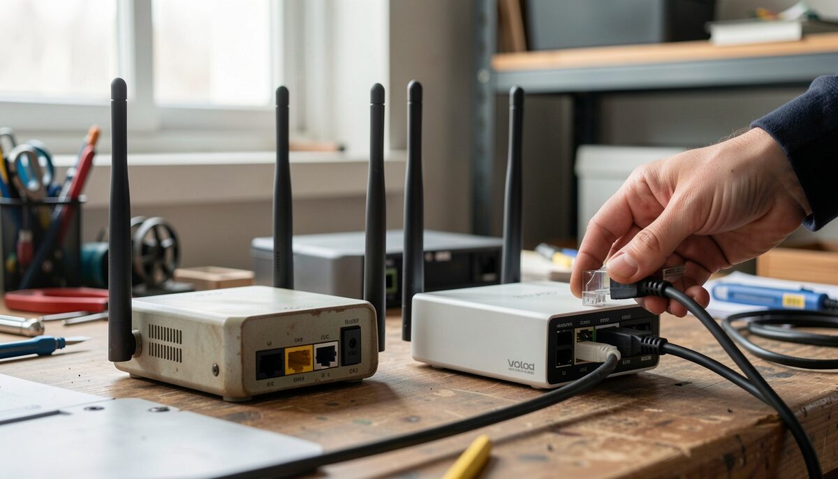 Two wireless routers side by side on a workbench, one older and one newer, with a technician's hand connecting an Ethernet cable to the newer unit. Illustrative image, generated with AI.