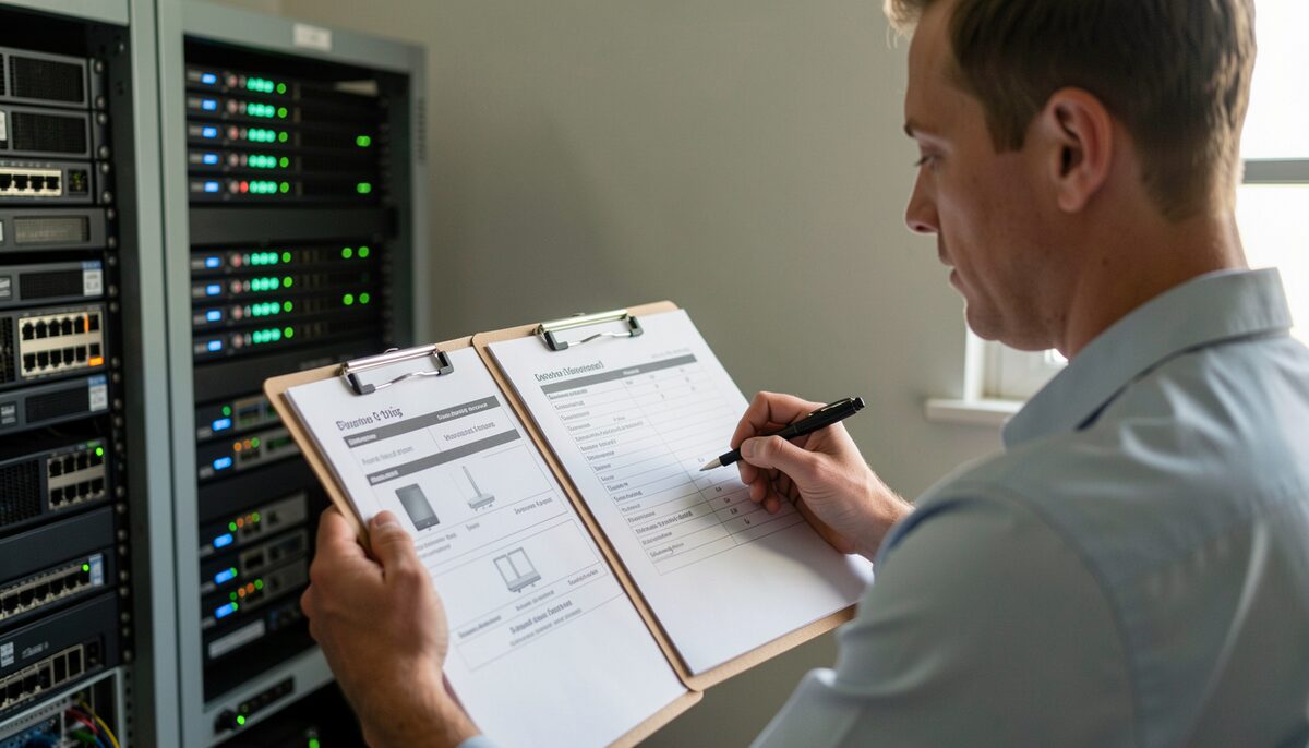 An IT manager compares router specifications in a server room. Illustrative image, generated with AI.