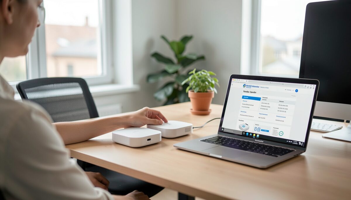 A procurement specialist in an office comparing two access point models on a desk, with a laptop open to a vendor specification page. Illustrative image, generated with AI.