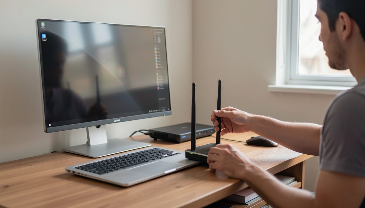 A tidy home office desk with a laptop, external monitor, and a router on a shelf, with a person adjusting the router's antenna. Illustrative image, generated with AI.