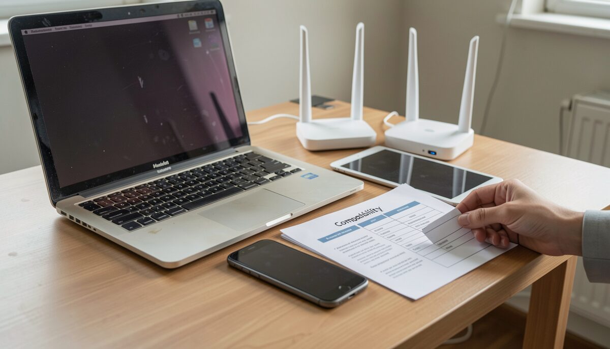 An older laptop, tablet and smartphone beside a modern router, with a hand holding a printed compatibility checklist. Illustrative image, generated with AI.