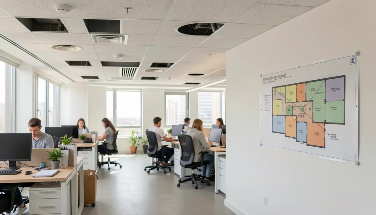 Open plan office with ceiling access points and a coverage plan on the wall. Illustrative image, generated with AI.