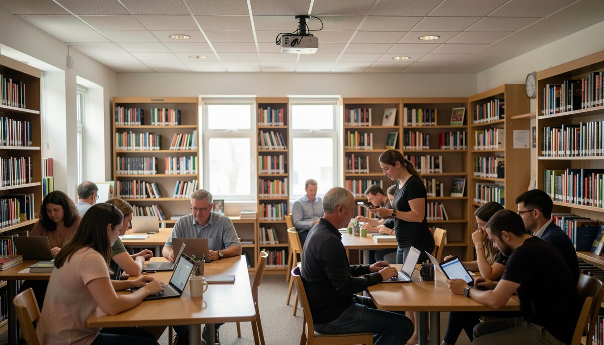 A library reading room with people using laptops and tablets, a visible ceiling access point, and a librarian assisting a patron at a table. Illustrative image, generated with AI.
