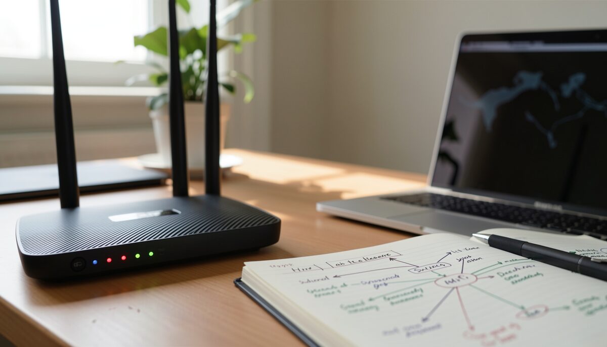 Close-up of a Wi-Fi router's status LEDs in a home office, with a laptop and notebook showing handwritten network diagrams on a desk. Illustrative image, generated with AI.