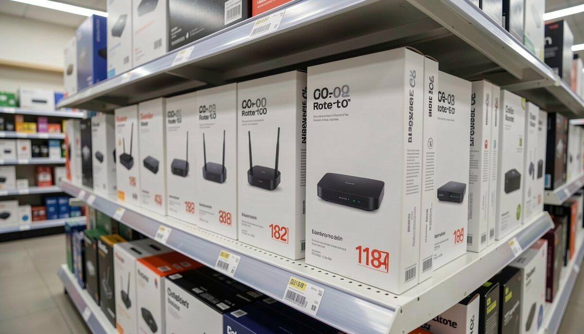 A retail shelf showing several router boxes with generation numbers printed on the packaging, photographed from a slight angle in a store aisle. Illustrative image, generated with AI.